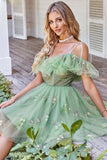 Off the Shoulder Ruffles Tulle Cocktail Dress with Embroidery