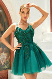 A Line Spaghetti Straps Dark Green Short Cocktail Dress with Appliques Beading