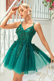 A Line Spaghetti Straps Dark Green Short Cocktail Dress with Appliques Beading