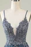 A Line Spaghetti Straps Grey Blue Short Ball Dress with Appliques