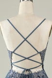 A Line Spaghetti Straps Grey Blue Short Ball Dress with Appliques