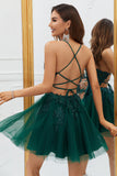 Stylish A Line Spaghetti Straps Green Short Cocktail Dress with Appliques