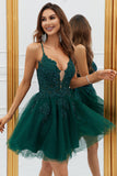 A Line Spaghetti Straps Dark Green Short Cocktail Dress with Appliques