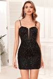 Bodycon Spaghetti Straps Black Sequins Short Cocktail Dress with Criss Cross Back