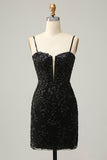 Sheath Spaghetti Straps Black Sequins Short Cocktail Dress with Criss Cross Back