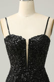 Sheath Spaghetti Straps Black Sequins Short Cocktail Dress with Criss Cross Back