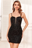 Bodycon Spaghetti Straps Black Sequins Short Cocktail Dress with Criss Cross Back
