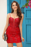 Bodycon Spaghetti Straps Red Sequins Short Cocktail Dress with Criss Cross Back