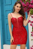 Bodycon Spaghetti Straps Red Sequins Short Cocktail Dress with Criss Cross Back