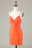 Sparkly Sequins Tight Orange Short Ball Dress