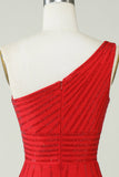 Sparkly One Shoulder Red Short Homecoming Dress with Beading