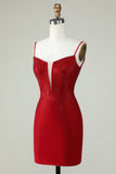 Sheath Spaghetti Straps Red Short Cocktail Dress with Beading