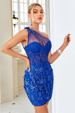 Bodycon One Shoulder Royal Blue Short Cocktail Dress with Appliques