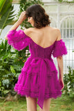 Stylish A Line Off the Shoulder Fuchsia Corset Cocktail Dress with Sleeves