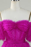 Stylish A Line Off the Shoulder Fuchsia Tulle CorsetCocktail Dress