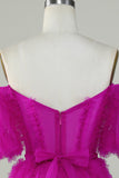 Stylish A Line Off the Shoulder Fuchsia Tulle CorsetCocktail Dress