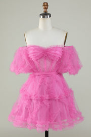 Cute A Line Off the Shoulder Pink Tulle Cocktail Dress