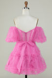 Cute A Line Off the Shoulder Pink Tulle Cocktail Dress