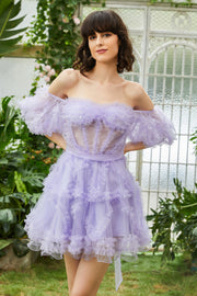 A Line Purple Tulle Off The Shoulder Short Cocktail Dress