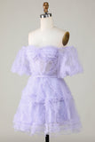 Stylish A Line Off the Shoulder Purple Tulle Corset Cocktail Dress