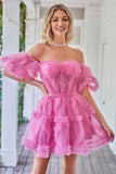 Hot Pink Off the Shoulder Tulle Cocktail Dress