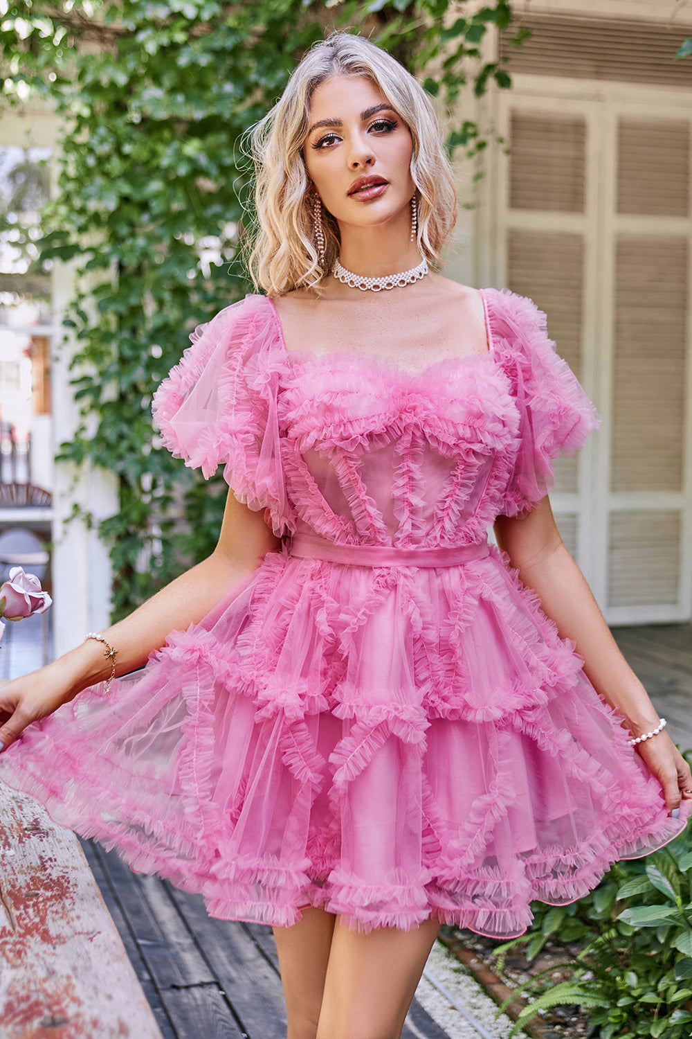 Hot Pink Off the Shoulder Tulle Cocktail Dress