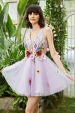 Purple Deep V Neck Open Back Cocktail Dress With 3D Flowers
