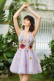 Purple Deep V Neck Open Back Cocktail Dress With 3D Flowers