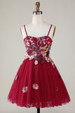 Gorgeous A Line Spaghetti Straps Burgundy Short Cocktail Dress with 3D Flowers