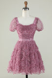 Gorgeous A Line Floral Dusty Rose Cocktail Dress with Ruffles