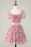 Cute A Line Floral Ivory Red Flower Cocktail Dress with Ruffles