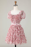 Cute A Line Floral Ivory Red Flower Cocktail Dress with Ruffles