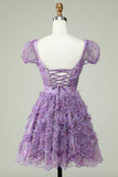 Floral A Line Purple Cocktail Dress with Ruffles
