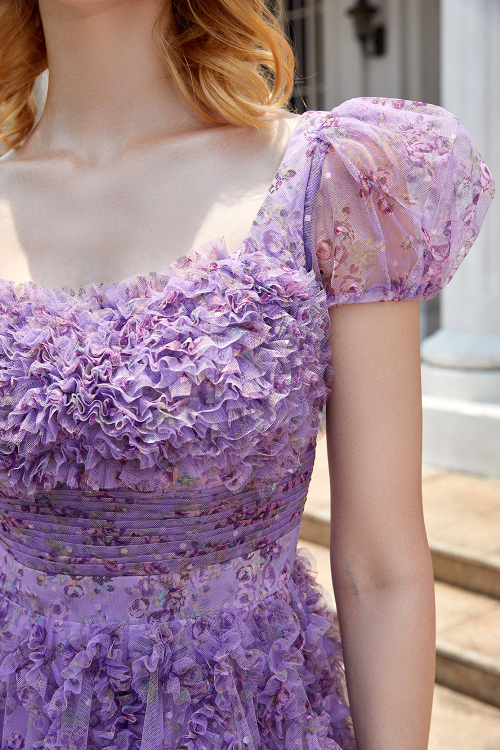 A Line Purple Printed Cocktail Dress with Ruffles