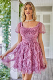 A Line Purple Printed Cocktail Dress with Ruffles