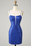 Royal Blue Bodycon Sparkly Spaghetti Straps Homecoming Dress