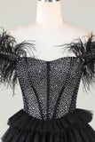 Sparkly Beaded Corset A-Line Black Short Ball Dress with Feathers