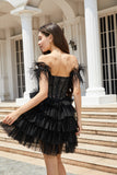 Sparkly Beaded Corset A-Line Black Short Ball Dress with Feathers