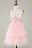 Trendy A-Line Sweetheart Pink Short Cocktail Dress with Ruffles