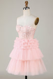 Trendy A-Line Sweetheart Pink Short Cocktail Dress with Ruffles