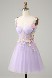 Purple Spaghetti Straps Tulle Homecoming Dress With 3D Flowers
