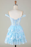 Sparkly Blue Corset Tiered Lace A-Line Short Ball Dress