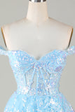 Sparkly Blue Corset Tiered Lace A-Line Short Ball Dress