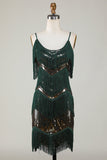 Spaghetti Straps Dark Green Glitter 1920s Dress with Fringes
