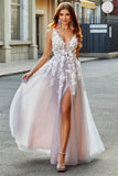 Grey Pink A Line Deep V Neck Long Ball Dress with Appliques