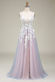 Gorgeous Grey Pink A Line Deep V Neck Long Ball Dress with Appliques
