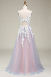Gorgeous Grey Pink A Line Deep V Neck Long Ball Dress with Appliques