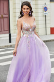 Gorgeous A Line Spaghetti Straps Lilac Long Ball Dress with Appliques