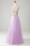 Glitter A-Line Spaghetti Straps Lilac Long Ball Dress with Flowers