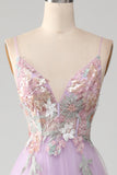 Glitter A-Line Spaghetti Straps Lilac Long Ball Dress with Flowers